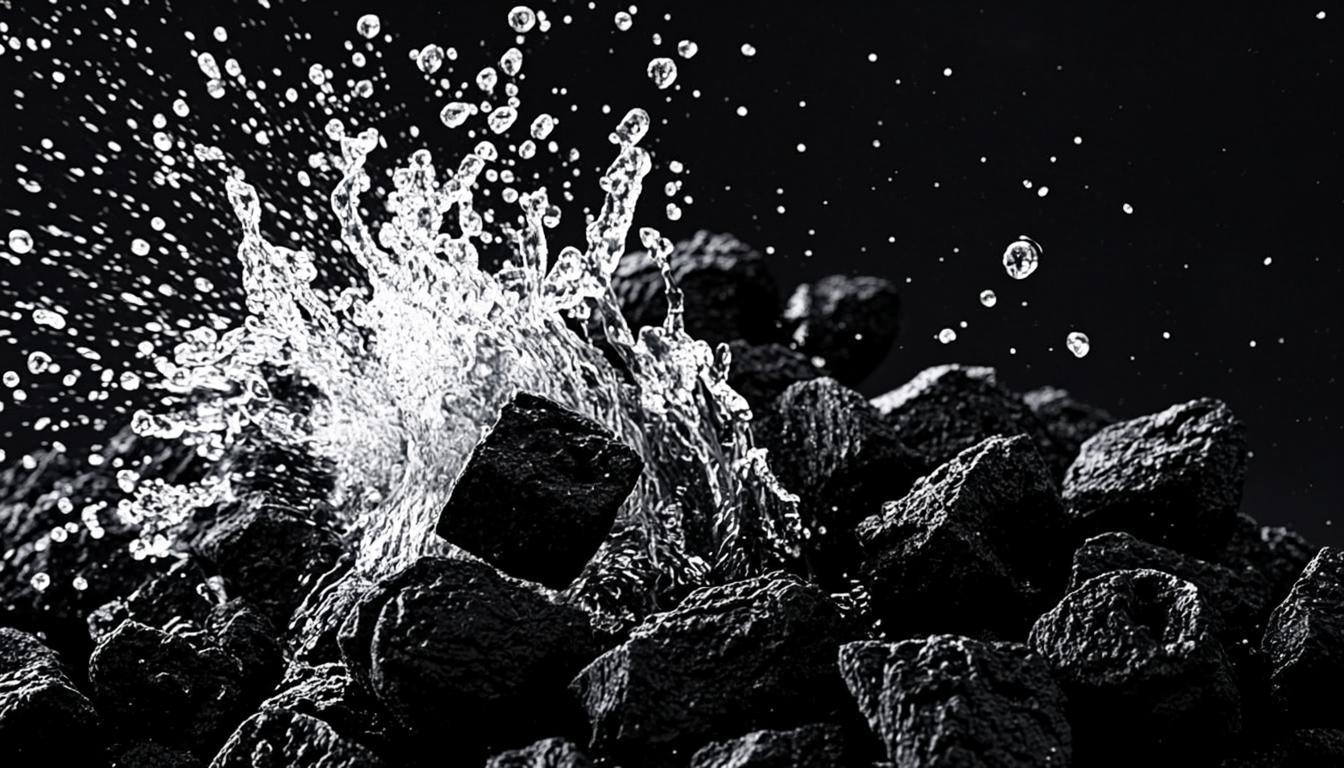 Water and charcoal particles in mid air